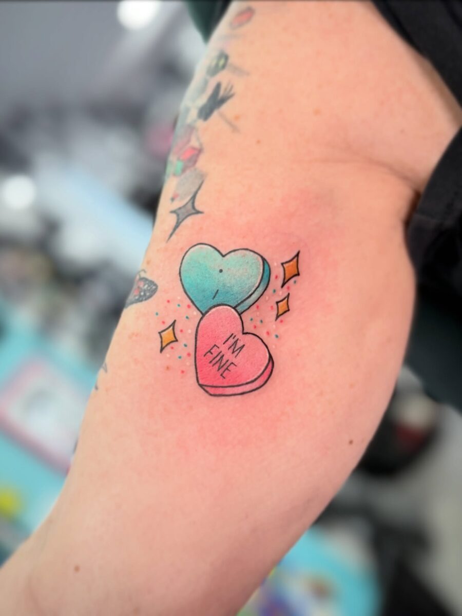 Vivid Candy Heart Tattoo with Unique Message Tattoo Design