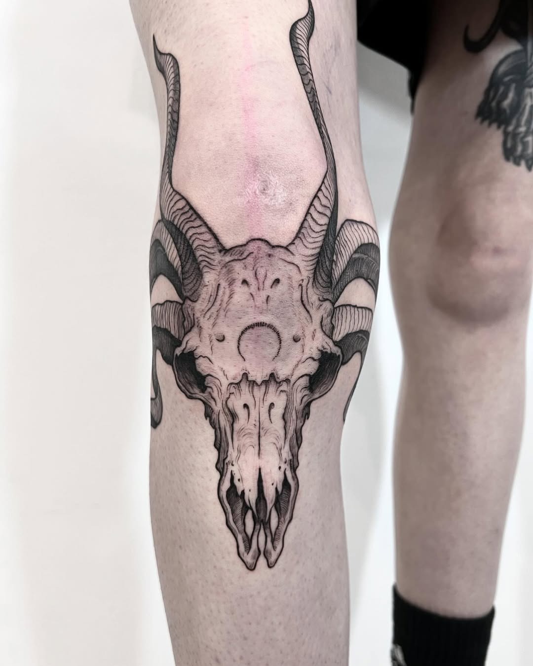 This tattoo features a detailed depiction of a goat skull with prominent horns, intricately designed in black ink.