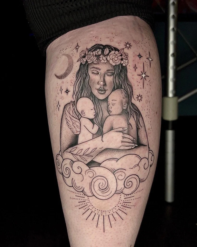 Mother Holding Child with Love Tattoo Design