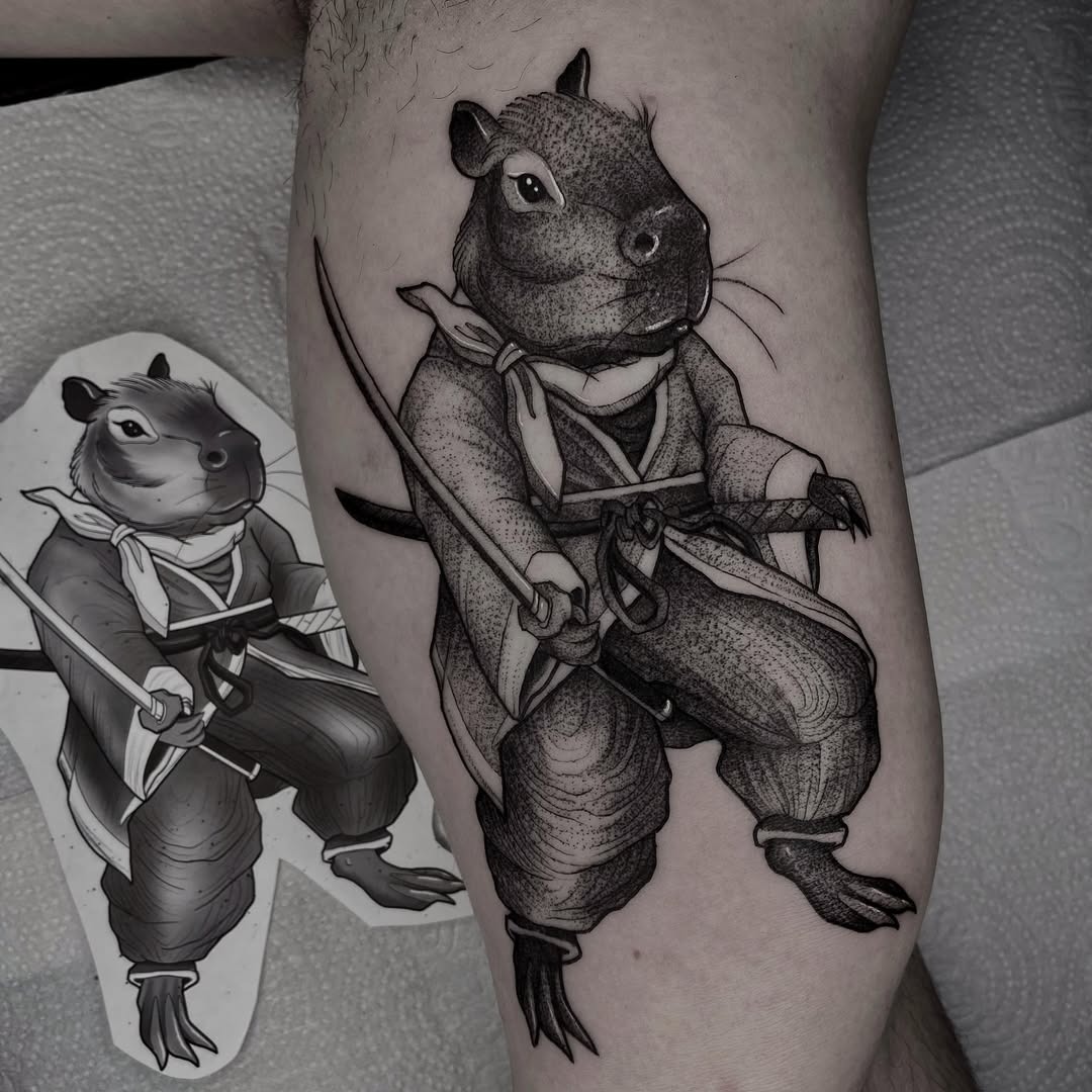 Fierce capybara warrior tattoo with sword Tattoo Design