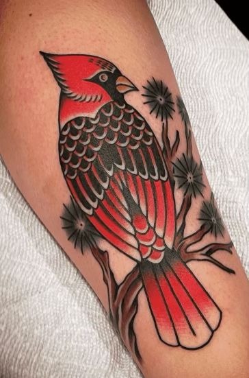 American Traditional Cardinal on a Flowering Branch Tattoo Design