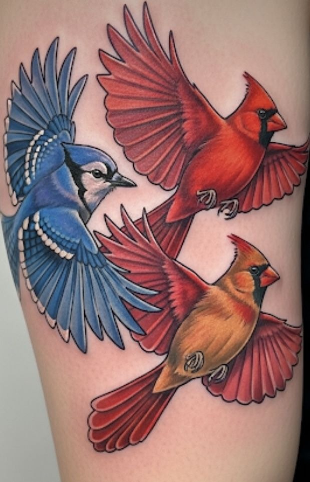 Blue Jay and Two Flying Cardinals Tattoo Design