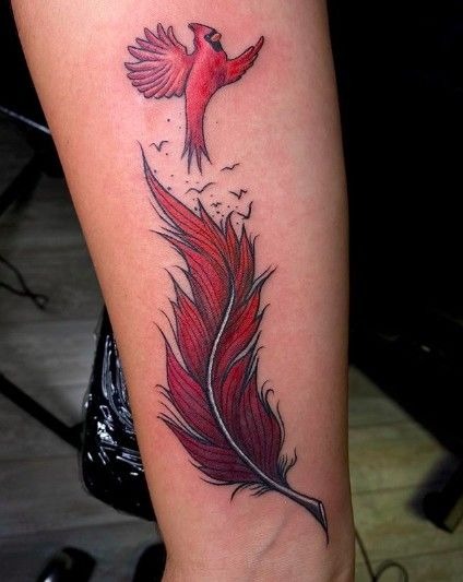 Cardinal Rising from a Red Feather Tattoo Design