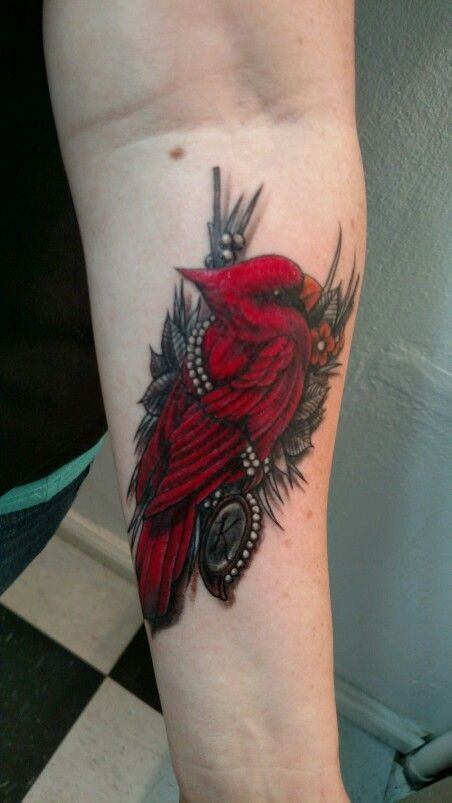 Cardinal with Black Botanical Ornament Tattoo Design