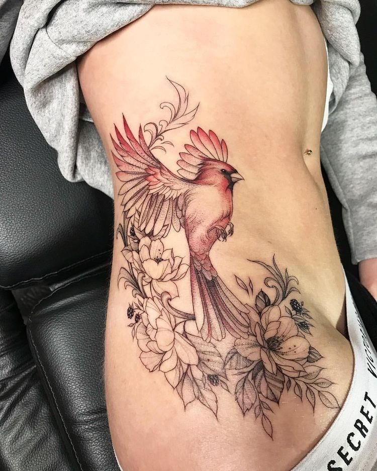 Fine Line Cardinal and Floral Hip Tattoo Tattoo Design