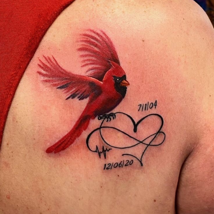 Flying Cardinal with an Infinity Heart Memorial Tattoo Design