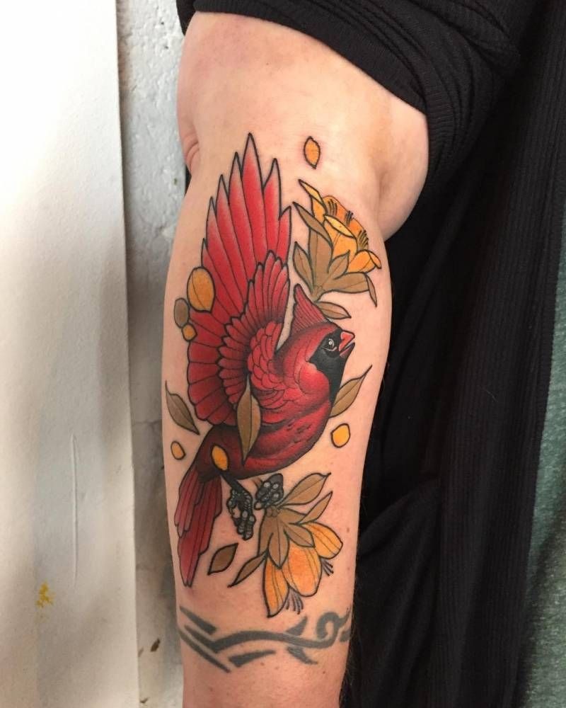 Flying Cardinal with Autumn Flowers and Butterfly Tattoo Design