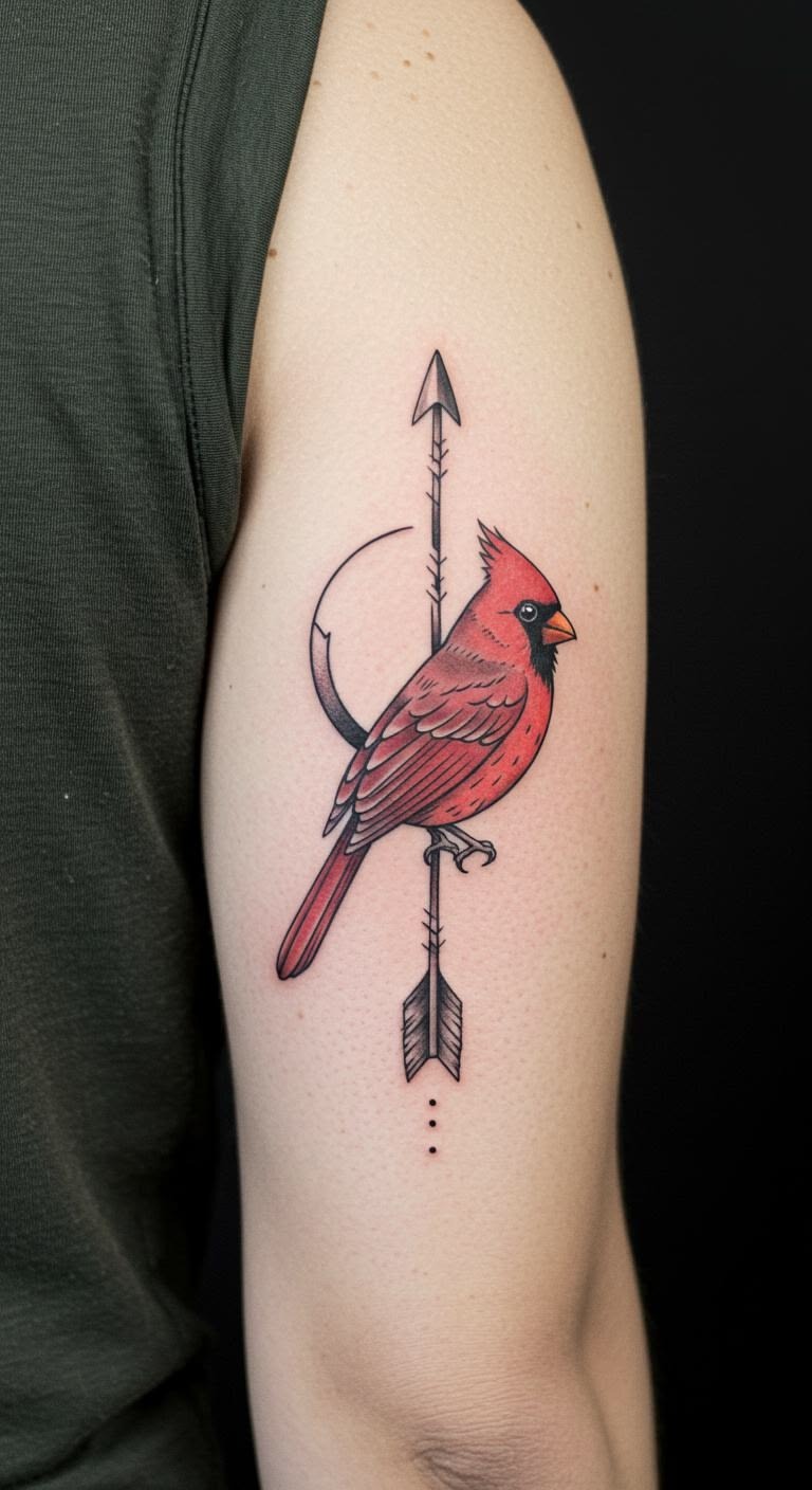 Minimalist Cardinal with Arrow and Crescent Moon Tattoo Design