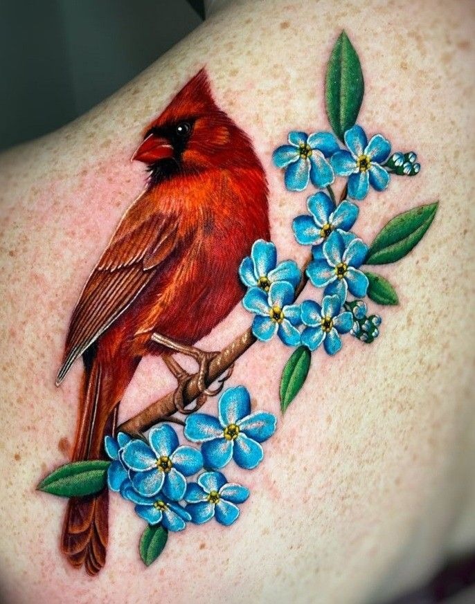 Realistic Cardinal with Bright Blue Flowers Tattoo Design