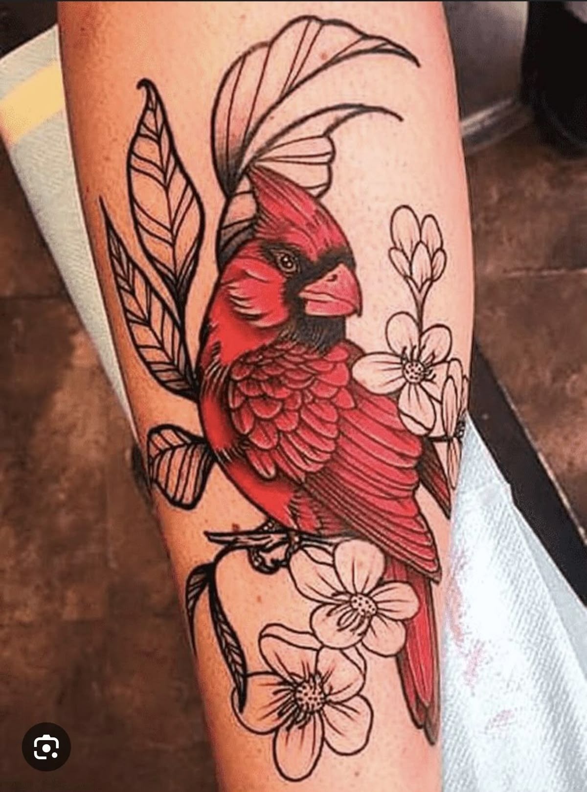 Red Cardinal with Fine Line Flowers and Leaves Tattoo Design