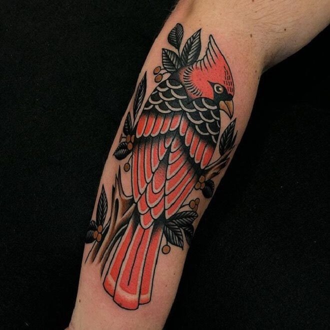 Traditional Cardinal with Berries and Dark Leaves Tattoo Design