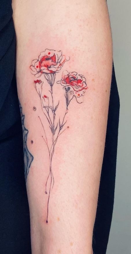 Abstract Red Fine-Line Carnation Trio Tattoo Design