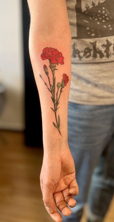 Classic Red Carnation Stem Tattoo Design