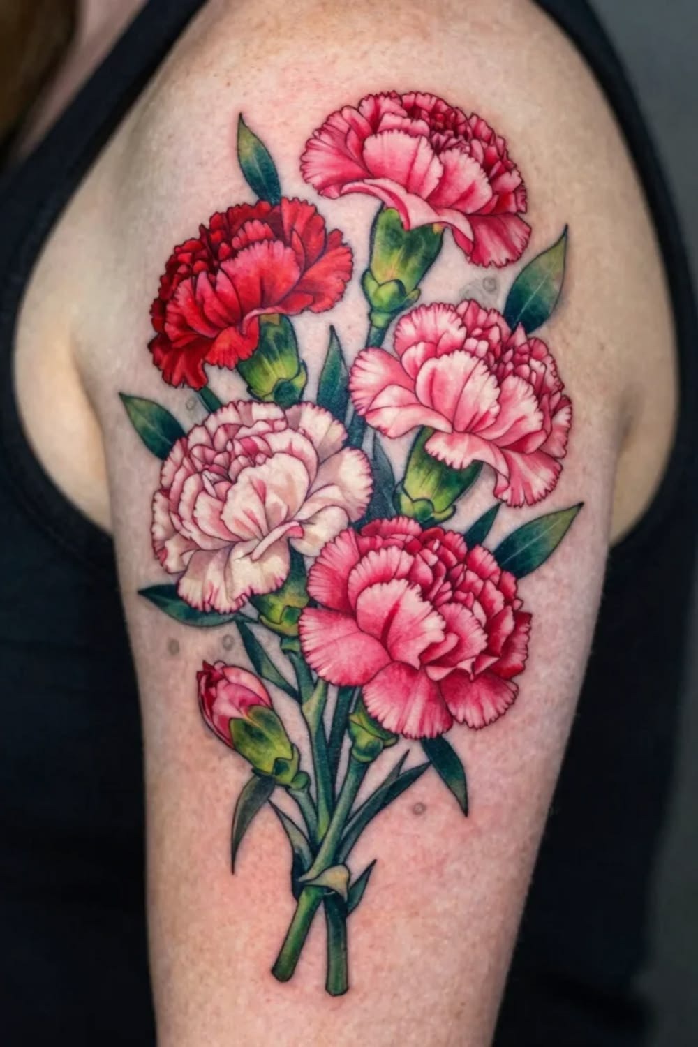 Colorful Carnation Shoulder Bouquet Tattoo Design