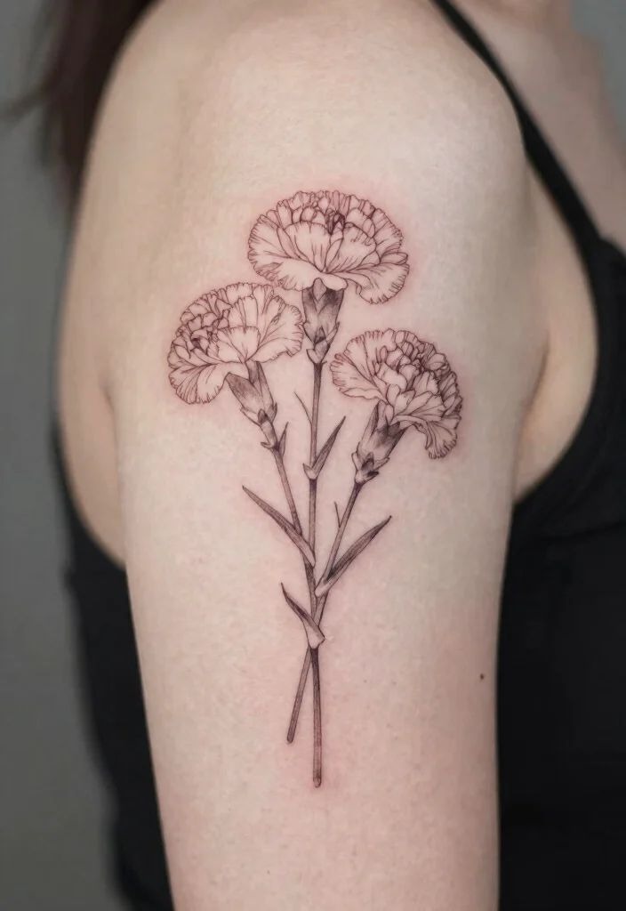 Fine-Line Carnation Bouquet on the Upper Arm Tattoo Design