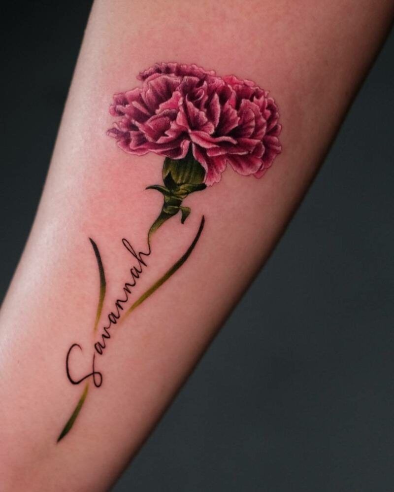 Realistic Pink Carnation Name Tattoo Tattoo Design