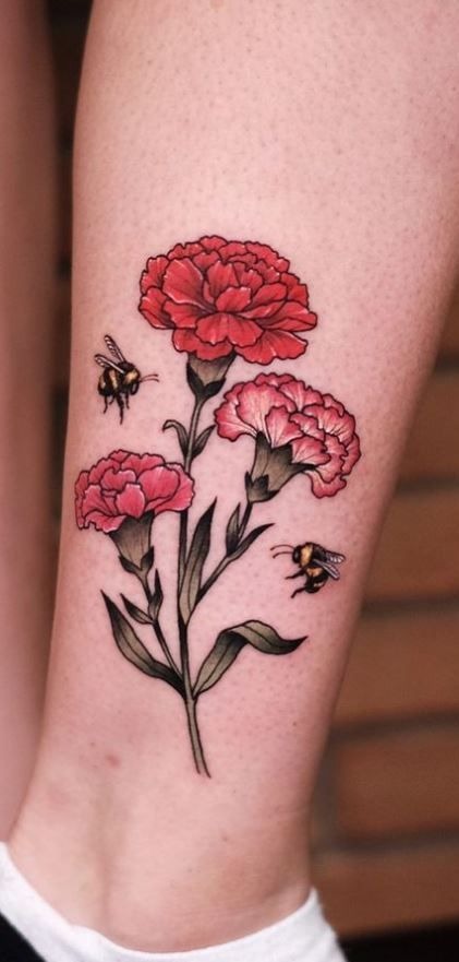 Red Carnations with Bees Tattoo Design