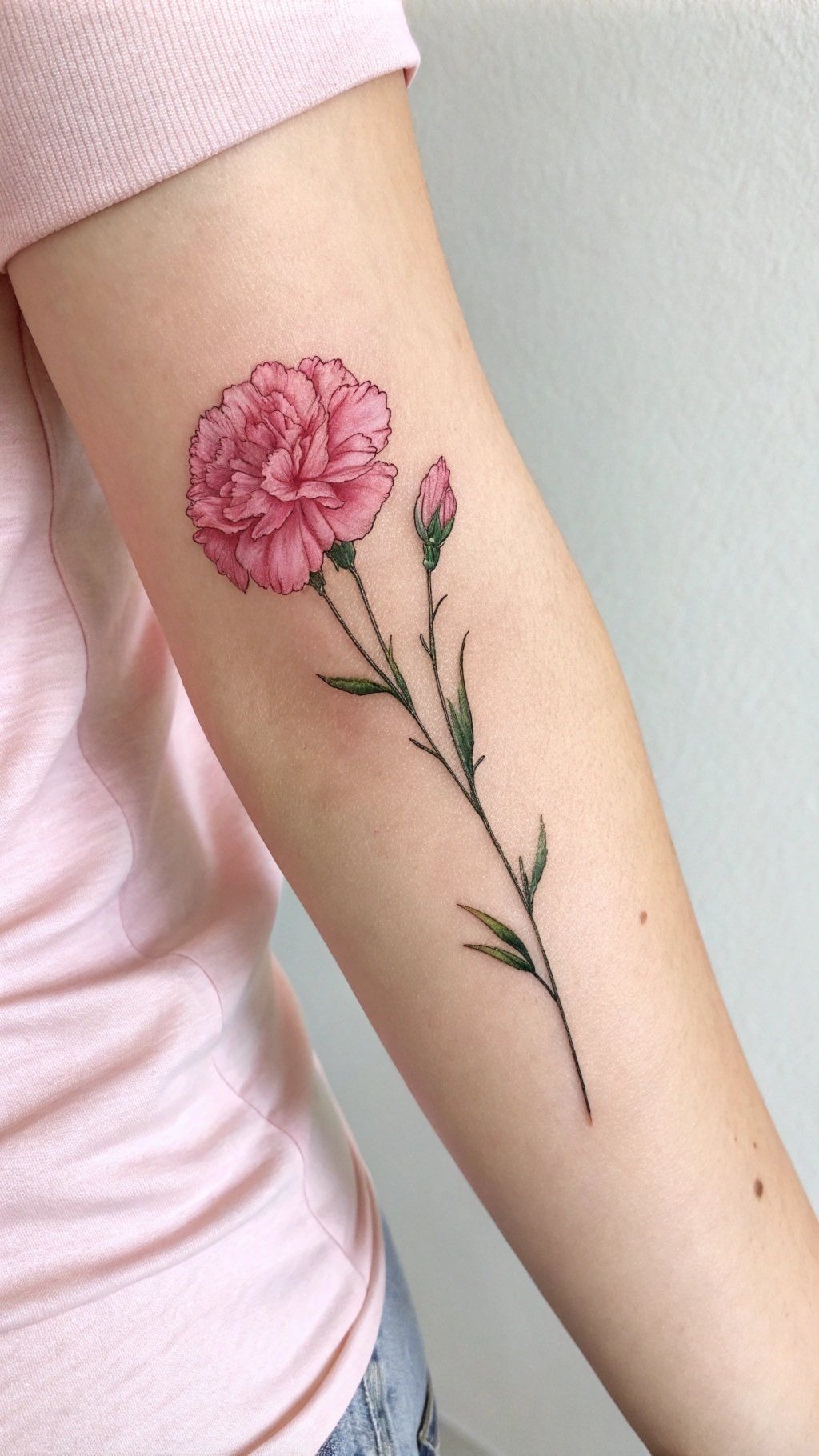 Soft Pink Carnation and Bud Forearm Tattoo Tattoo Design
