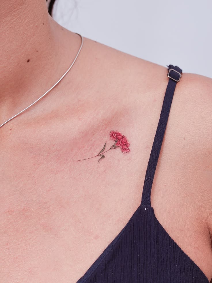 Tiny Red Carnation Collarbone Tattoo Tattoo Design