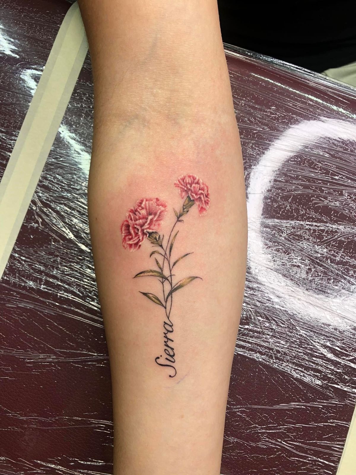 Twin Pink Carnations with Name Script Tattoo Design