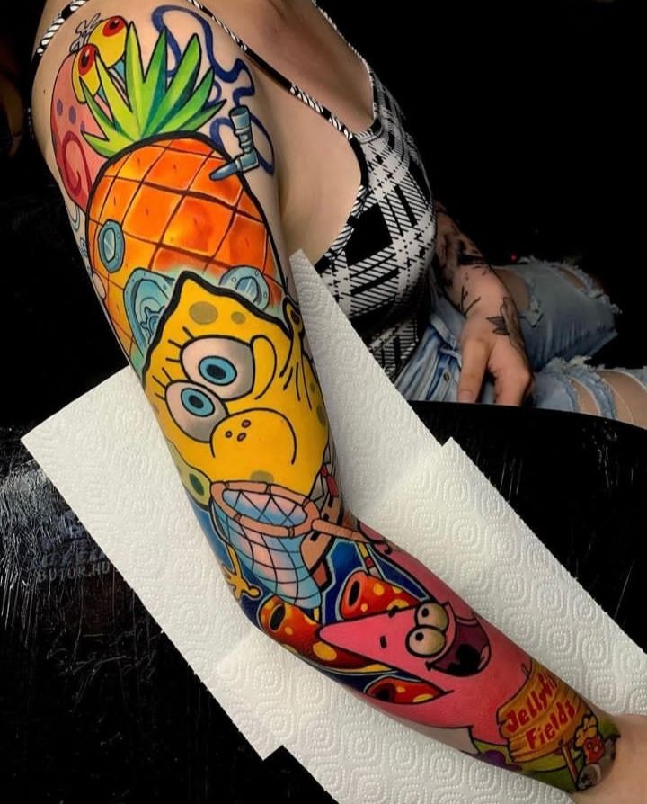 Bubble-World SpongeBob and Patrick Fantasy Tattoo Design