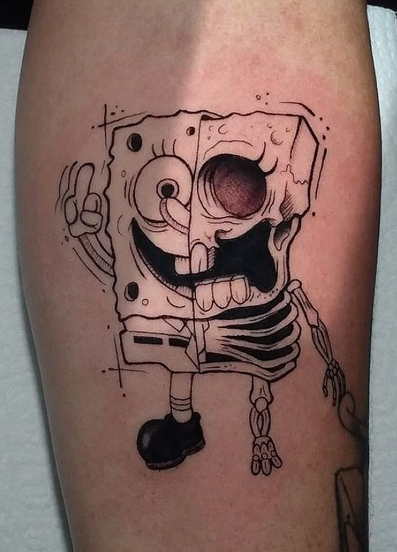 Half-Skeleton SpongeBob Fine Line Shock Tattoo Design