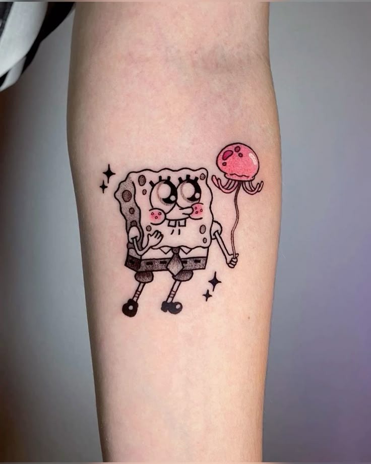 Jellyfishing Action SpongeBob with Flower Pop Tattoo Design