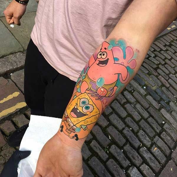 Patrick and SpongeBob Bubble Pop Forearm Sleeve Tattoo Design