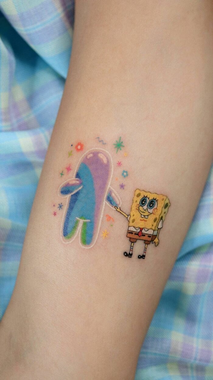 Rainbow Joy SpongeBob Sparkle Face Tattoo Design