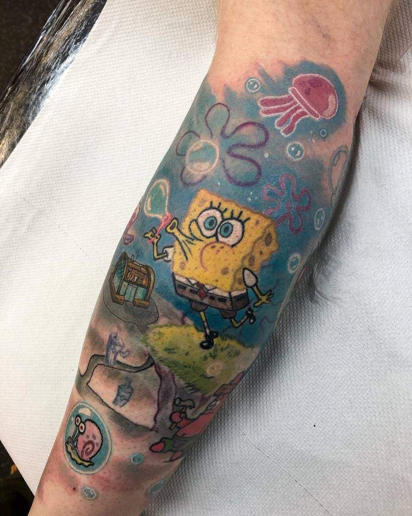 Shocked Patrick Minimalist Color Pop Tattoo Design