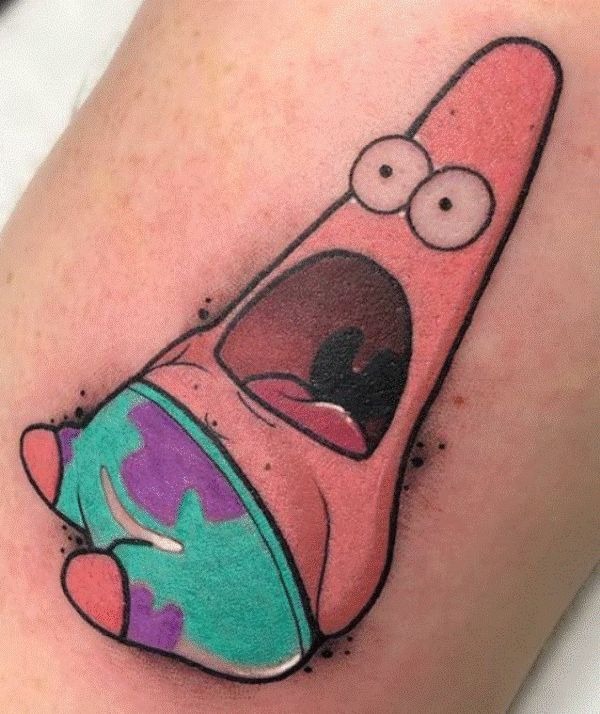 Surreal Black and White SpongeBob Portrait Tattoo Design