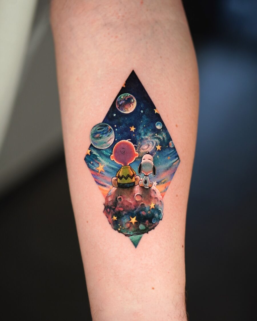 Charlie Brown and Snoopy in cosmic adventure vibes Tattoo Design