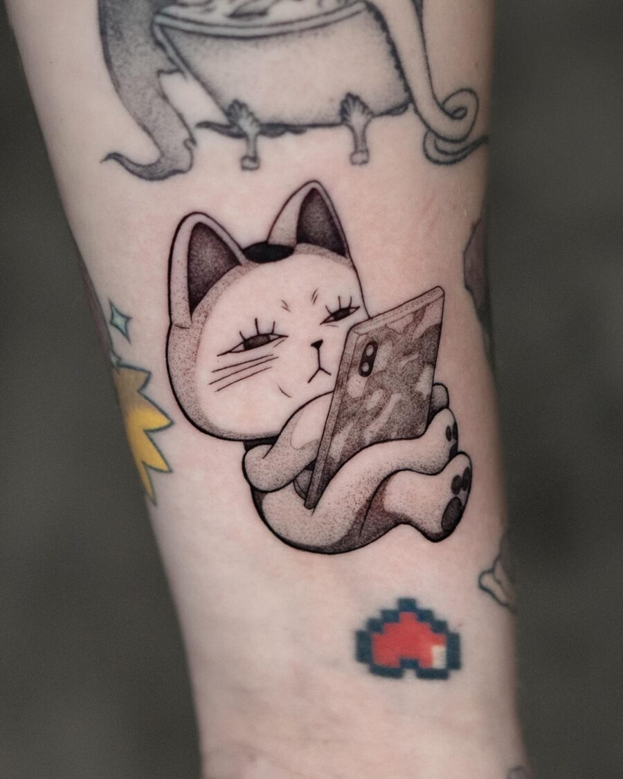Charming Cat Tattoo with a Playful Vibe Tattoo Design