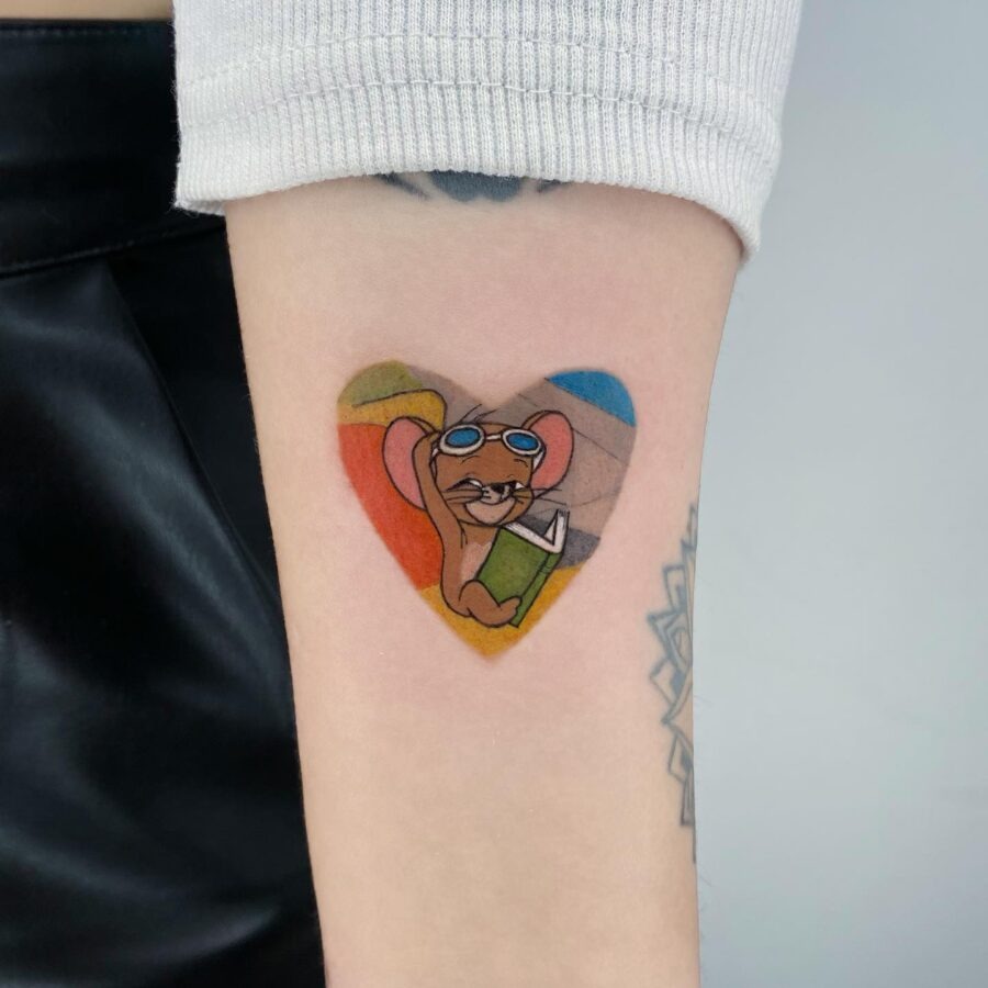 Charming mouse tattoo in a colorful heart design Tattoo Design