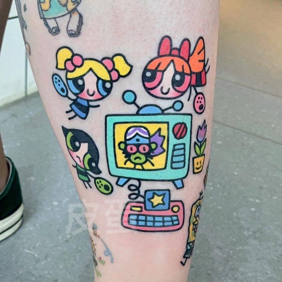 Colorful cartoon characters in vibrant tattoo art Tattoo Design