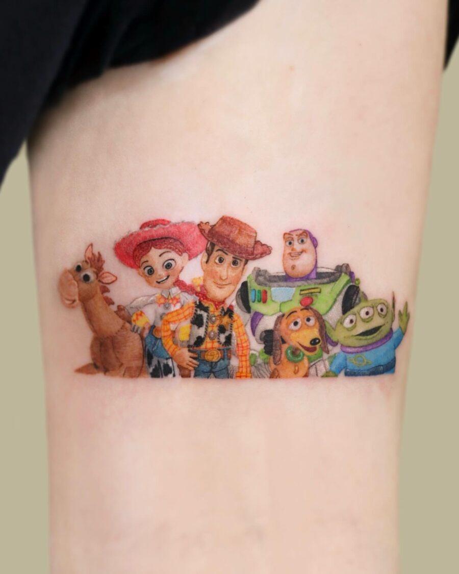 Iconic Toy Story characters in vibrant tattoo art Tattoo Design
