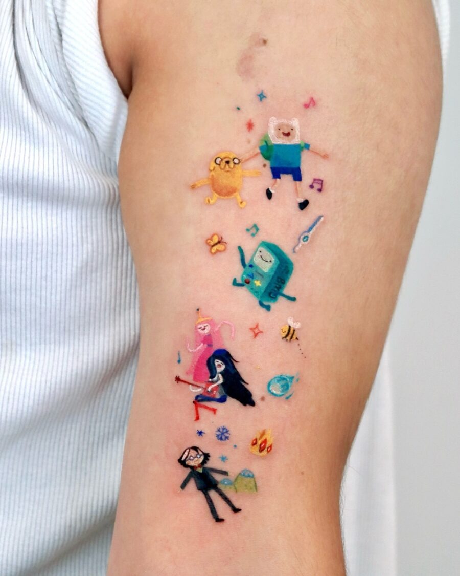 Playful Adventure Time Characters Inked on Skin Tattoo Design