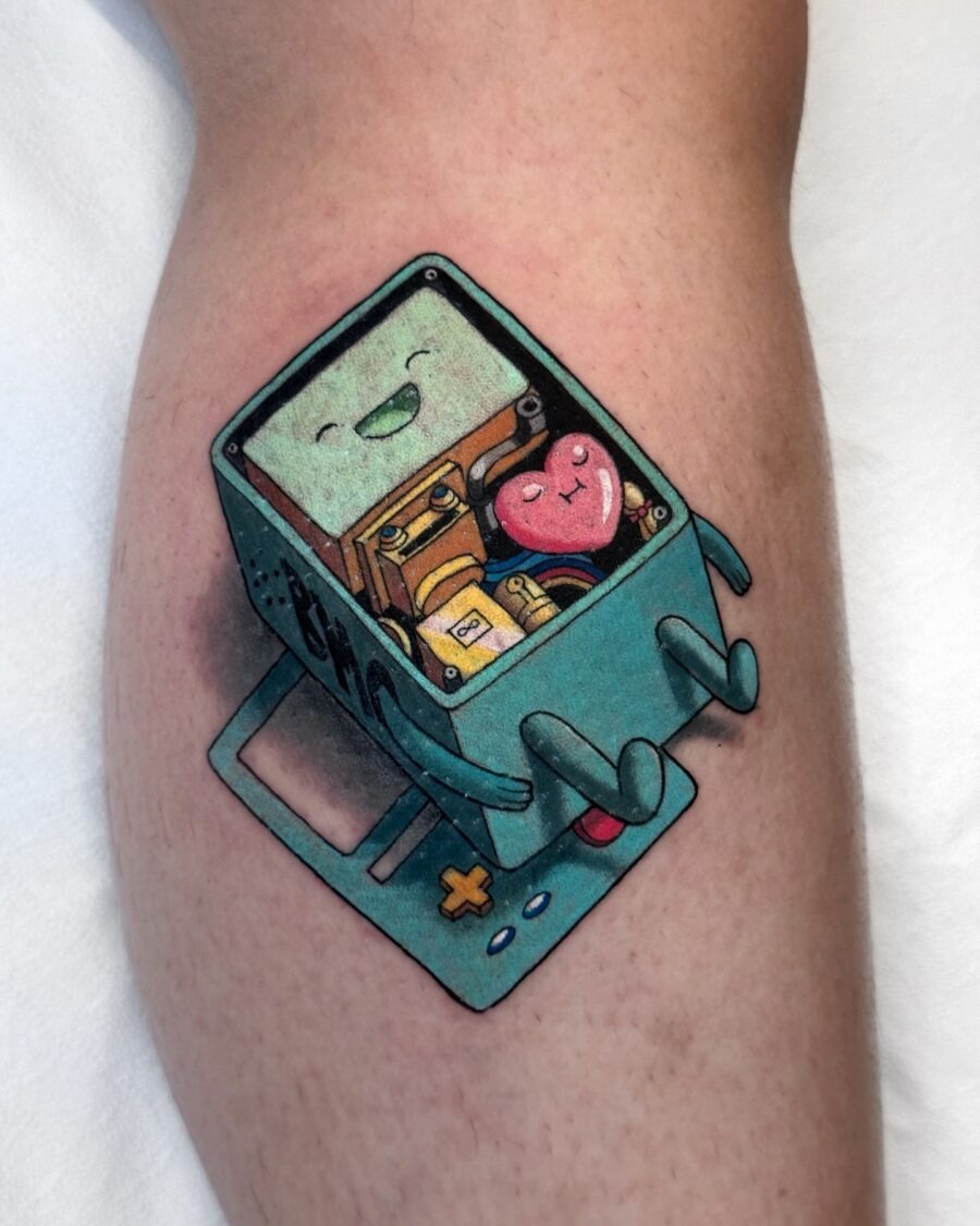 Playful cartoon tattoo of BMO and heart Tattoo Design