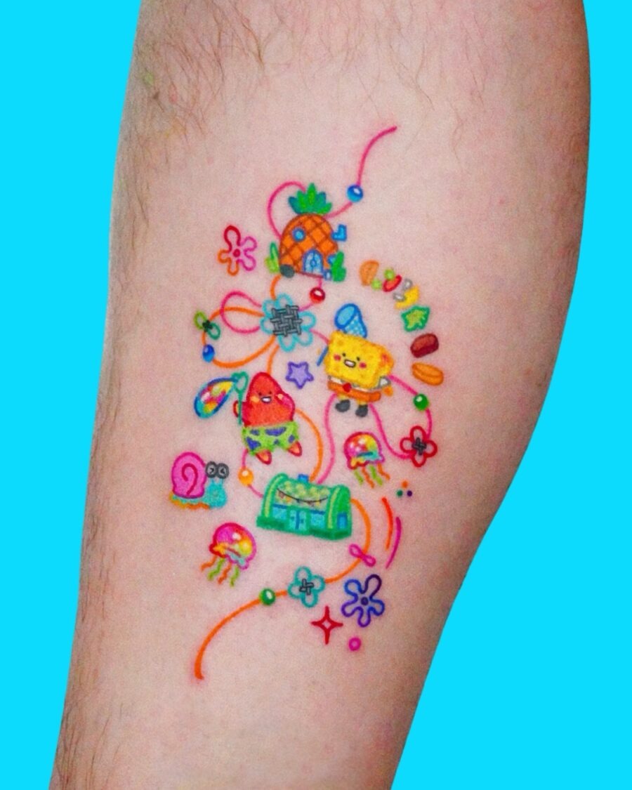 Playful Spongebob-Themed Cartoon Tattoo Art Tattoo Design