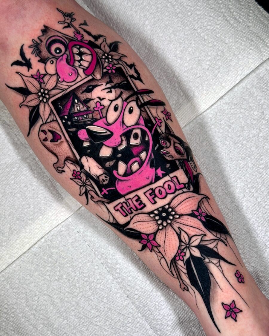 Quirky cartoon tattoo with vibrant pink accents Tattoo Design