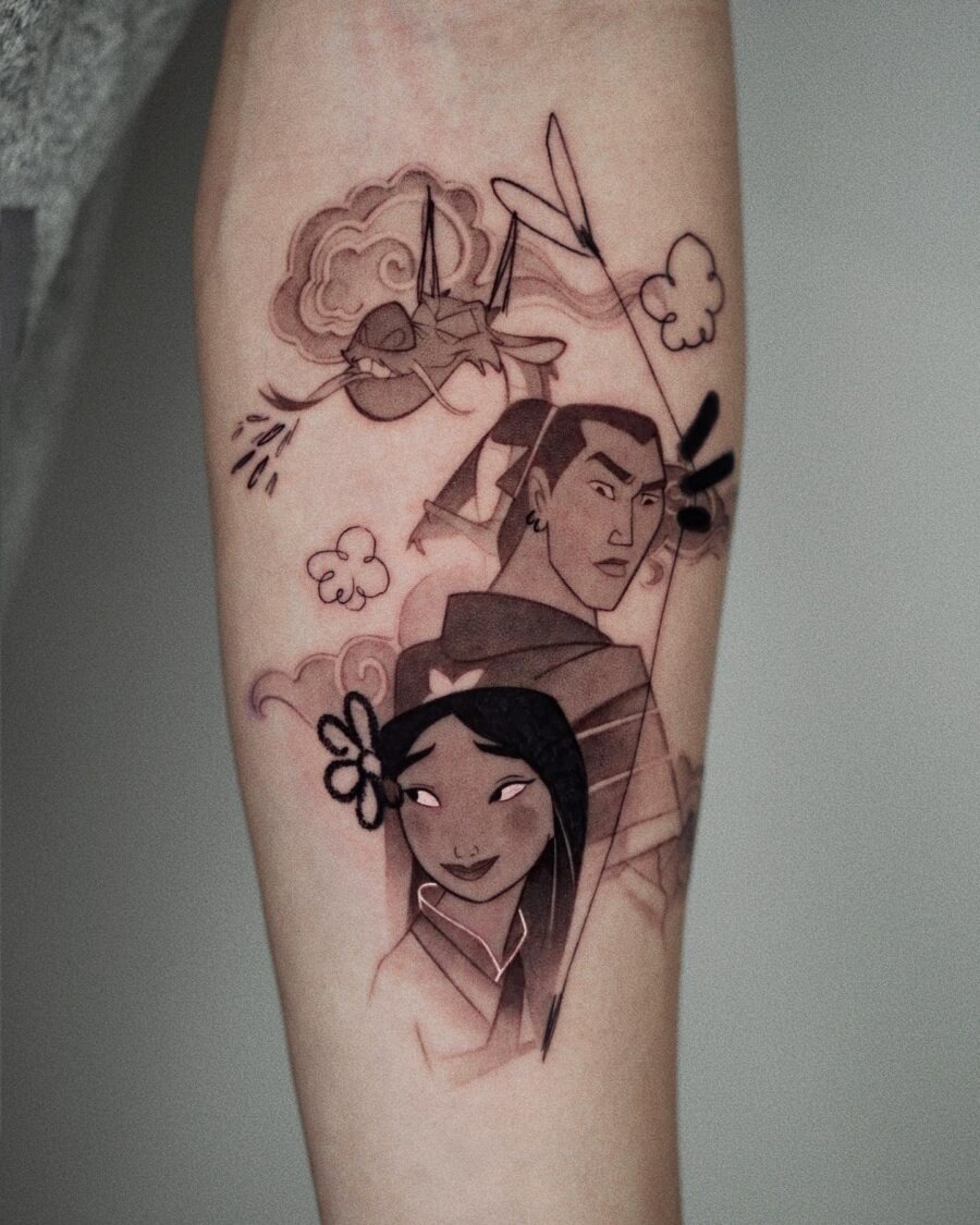 Stunning Mulan tattoo showcasing iconic characters Tattoo Design