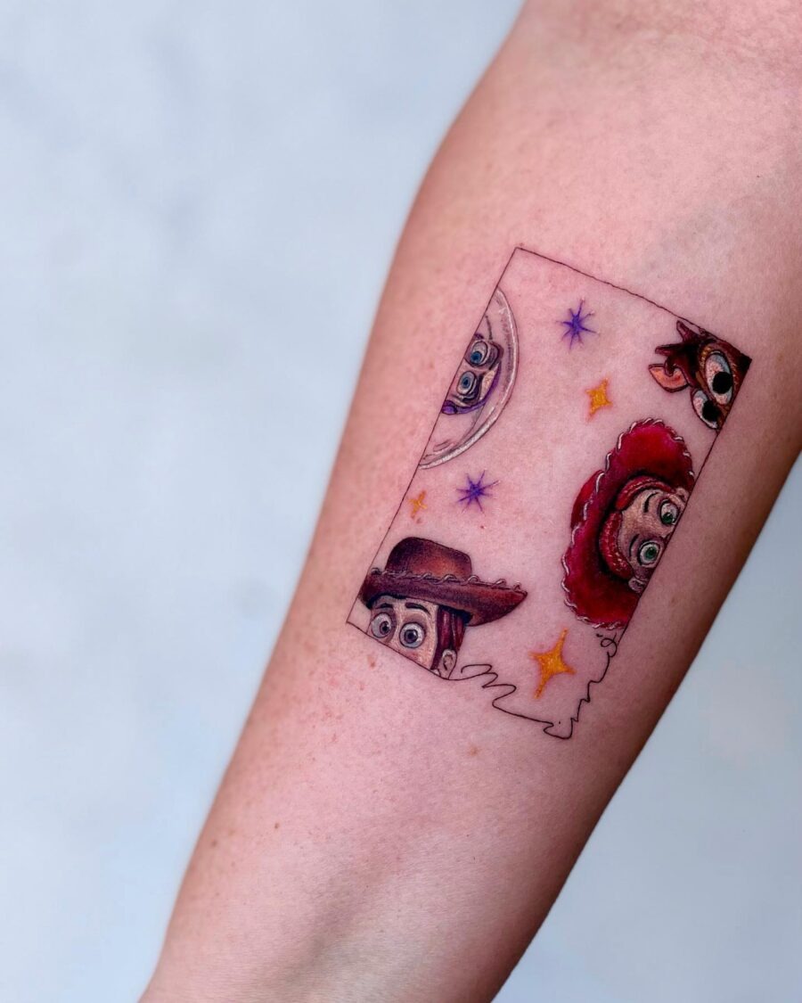 Whimsical cartoon characters peeking out playfully Tattoo Design