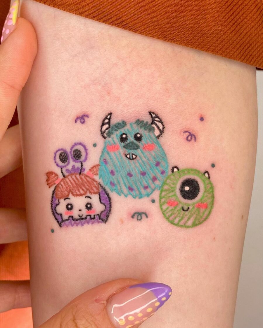 Whimsical cartoon monsters in vibrant colors Tattoo Design