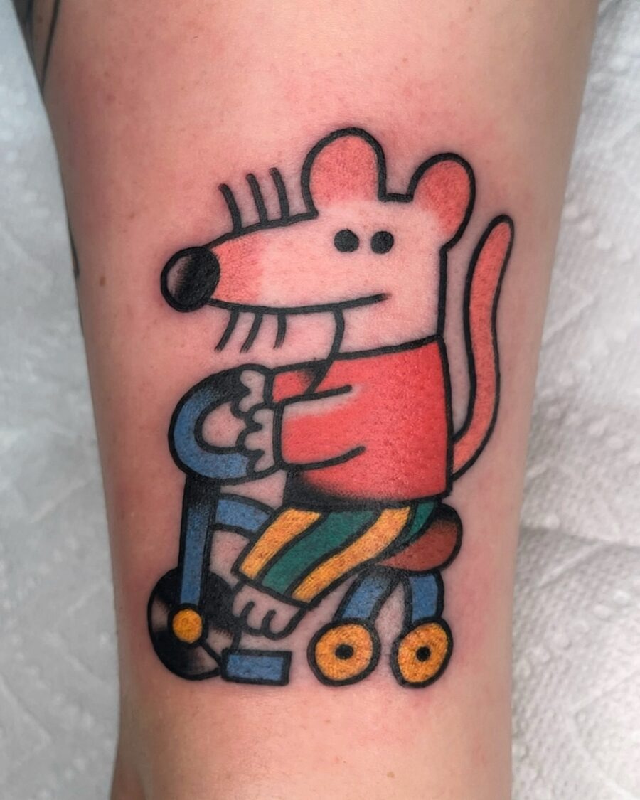Whimsical cartoon tattoo with a playful mouse Tattoo Design