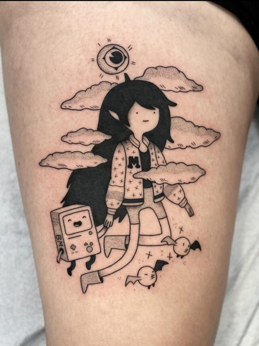 Whimsical Cartoon Tattoo with Clouds and BMO Tattoo Design