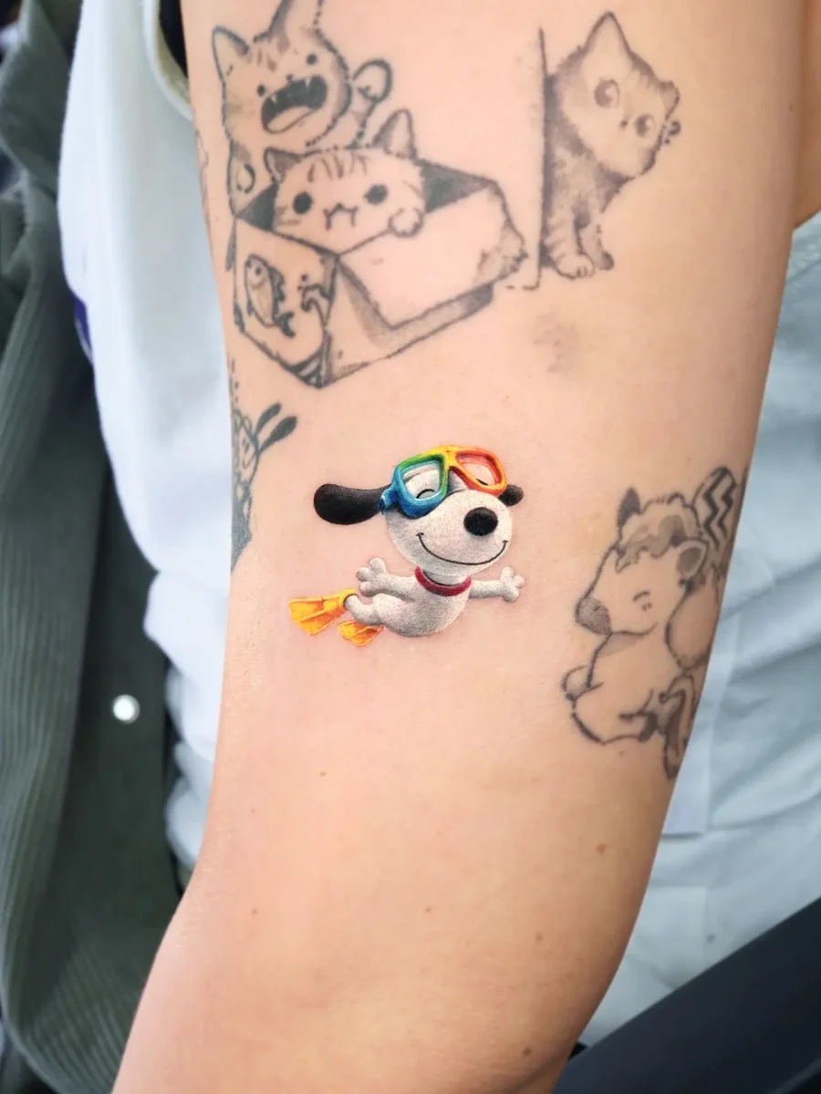 Whimsical dog tattoo with colorful sunglasses Tattoo Design