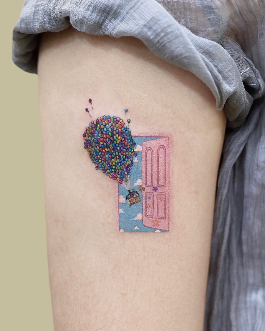 Whimsical door with colorful balloon tattoos Tattoo Design