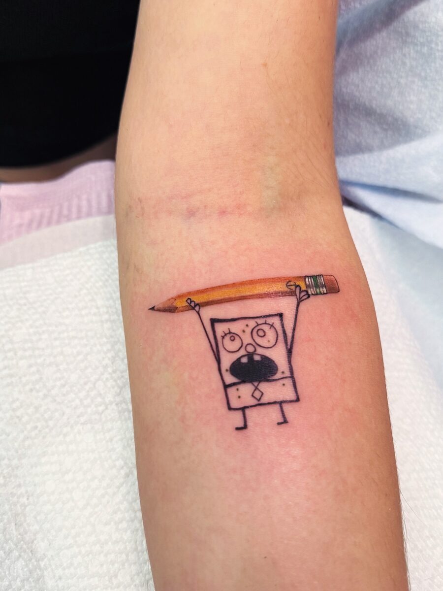 Whimsical SpongeBob Tattoo with Pencil Tattoo Design
