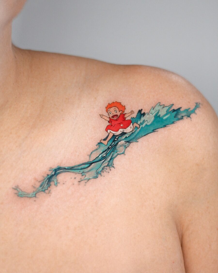 Whimsical surfing boy tattoo on shoulder Tattoo Design