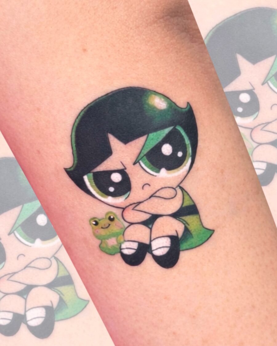 Whimsical tattoo of Buttercup and frog Tattoo Design